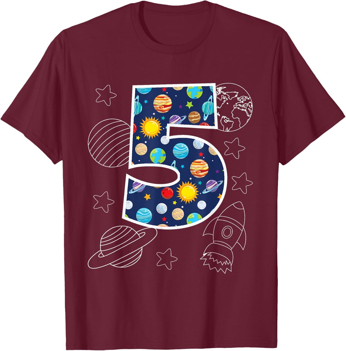 Outer Space 5 Year Old 5th Birthday Party Boys Girls Space T-Shirt - T-Shirt | Maroon