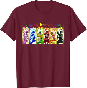 Power Rangers Action Lightning Rainbow Panel Portraits T-Shirt - T-Shirt | Maroon