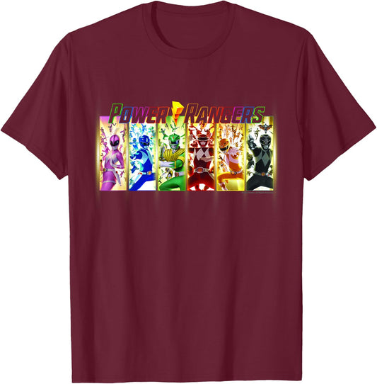 Power Rangers Action Lightning Rainbow Panel Portraits T-Shirt - T-Shirt | Maroon