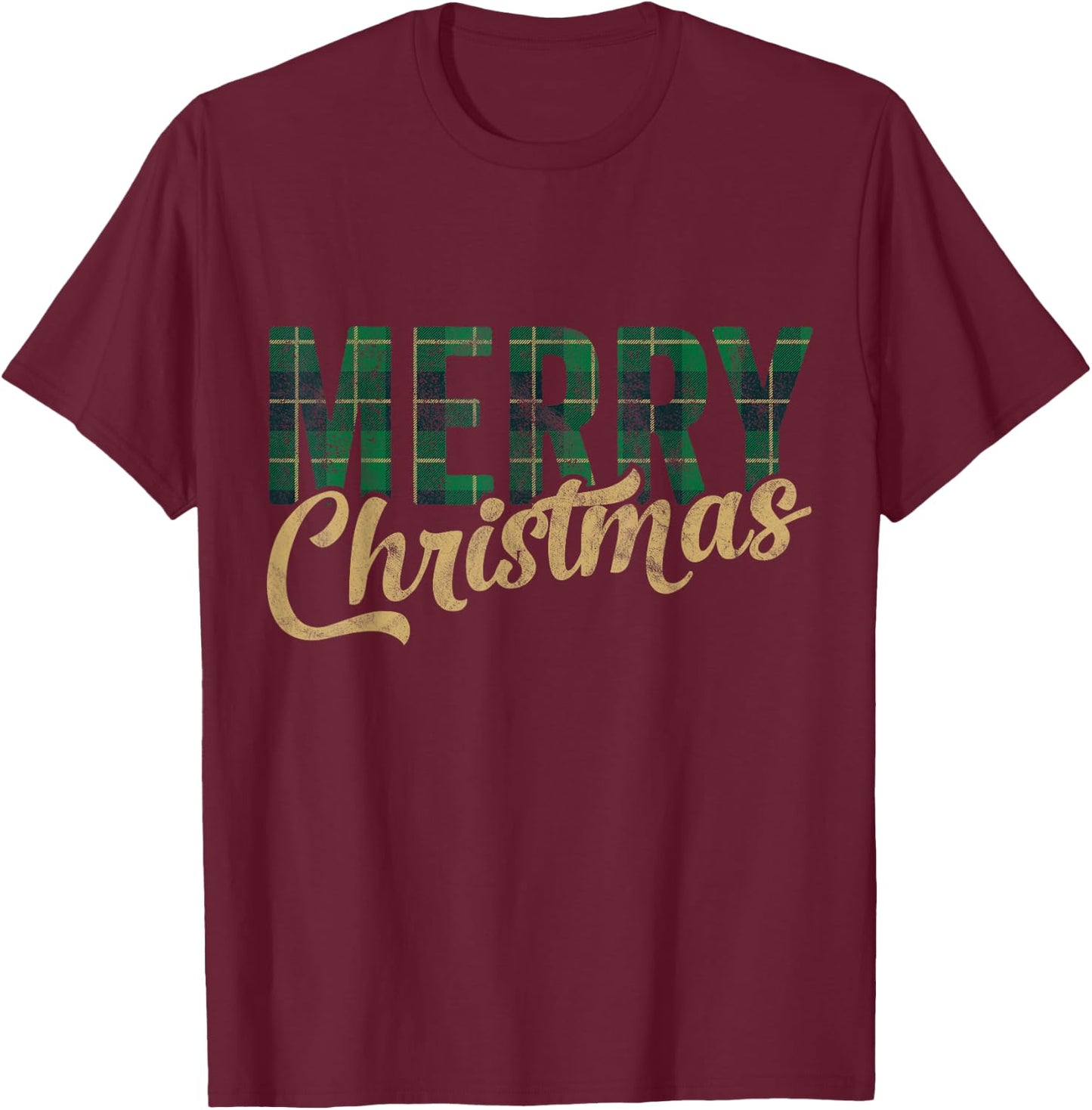Retro Merry Christmas Green Plaid Gift Fun Happy Family Xmas T-Shirt - T-Shirt | Maroon