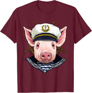 Pig Sailor Boat Captain Farmer Pig Farm Animal T-Shirt - T-Shirt | Maroon