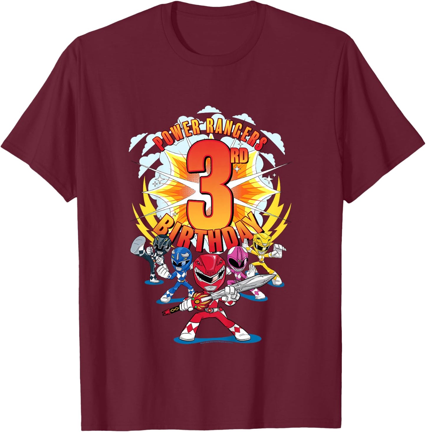 Kids Power Rangers 3rd Birthday Power Pose Group T-Shirt - T-Shirt | Maroon
