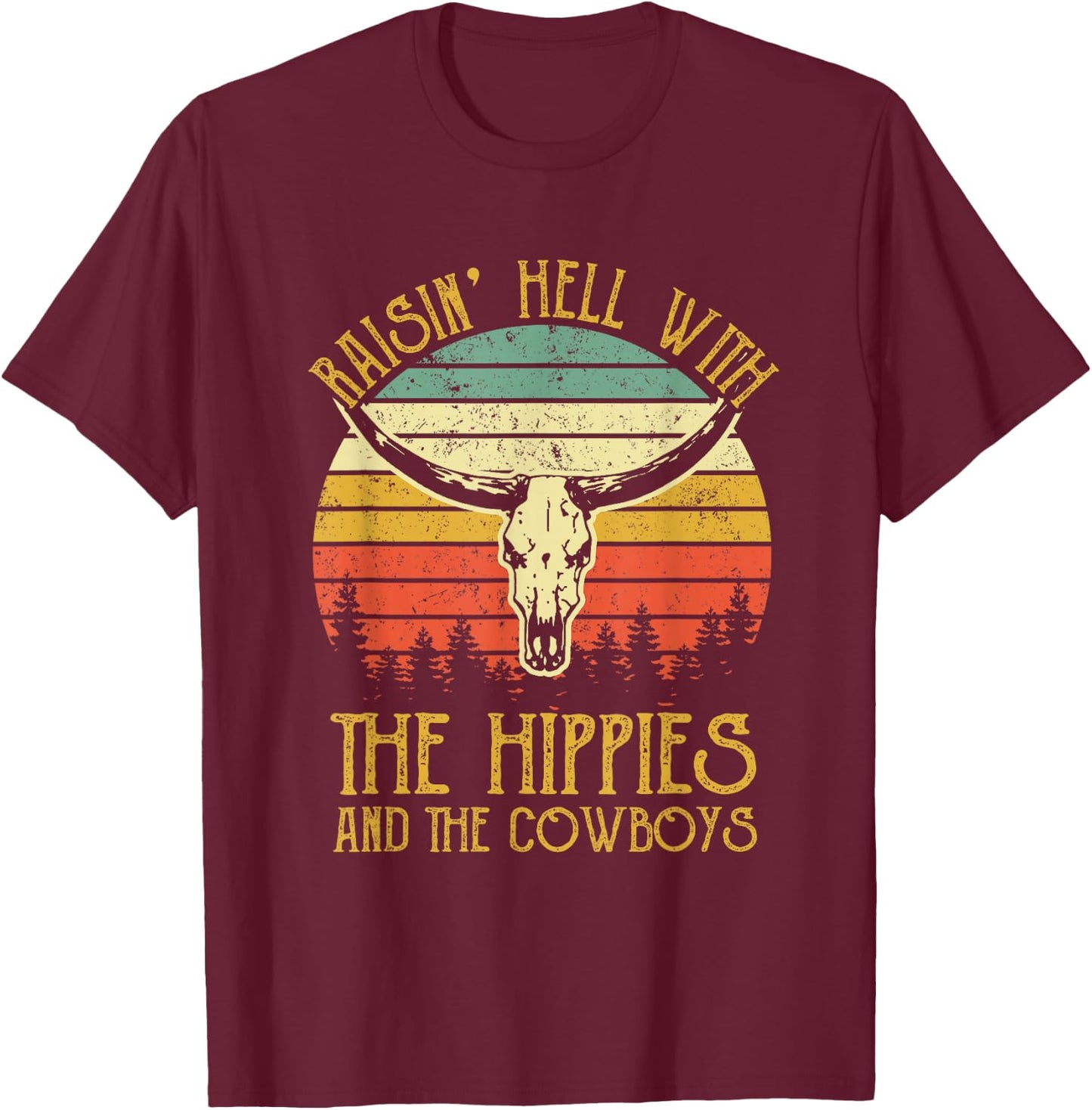 Raising-Hell with The Hippies and Cowboys Western Cowhide T-Shirt - T-Shirt | Maroon