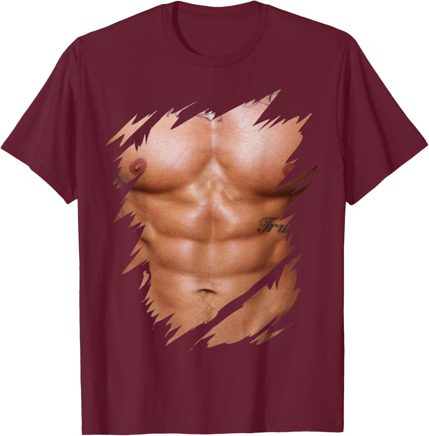 Fake Muscles Ripped Torn Chest Six Pack Abs T-Shirt - T-Shirt | Maroon
