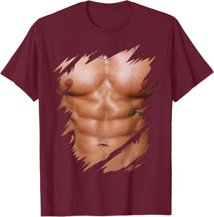 Fake Muscles Ripped Torn Chest Six Pack Abs T-Shirt - T-Shirt | Maroon