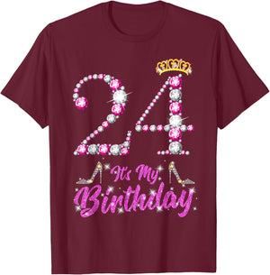 It's My 24th Birthday Queen Tiara Shoes 24 Yrs Old Bday Gift T-Shirt - T-Shirt | Maroon