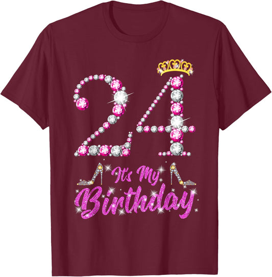 It's My 24th Birthday Queen Tiara Shoes 24 Yrs Old Bday Gift T-Shirt - T-Shirt | Maroon