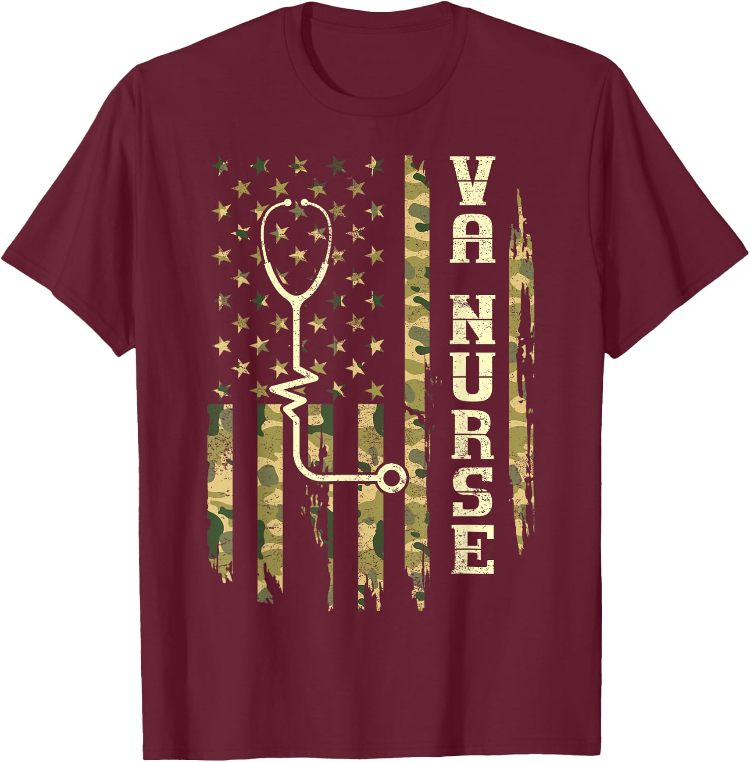VA Nurse Camouflage American Flag Patriotic Medical Worker T-Shirt - T-Shirt | Maroon