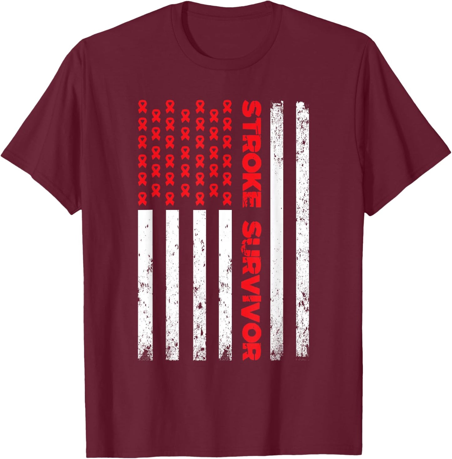 USA Flag Stroke Survivor Awareness Red Ribbon Brain Attack T-Shirt - T-Shirt | Maroon