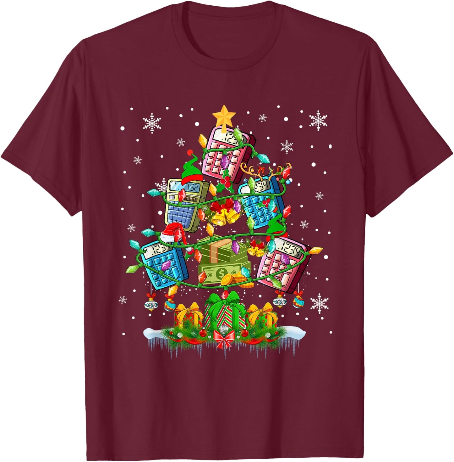 X-mas Tree Santa Reindeer Elf Calculators Accountant Lover T-Shirt - T-Shirt | Maroon