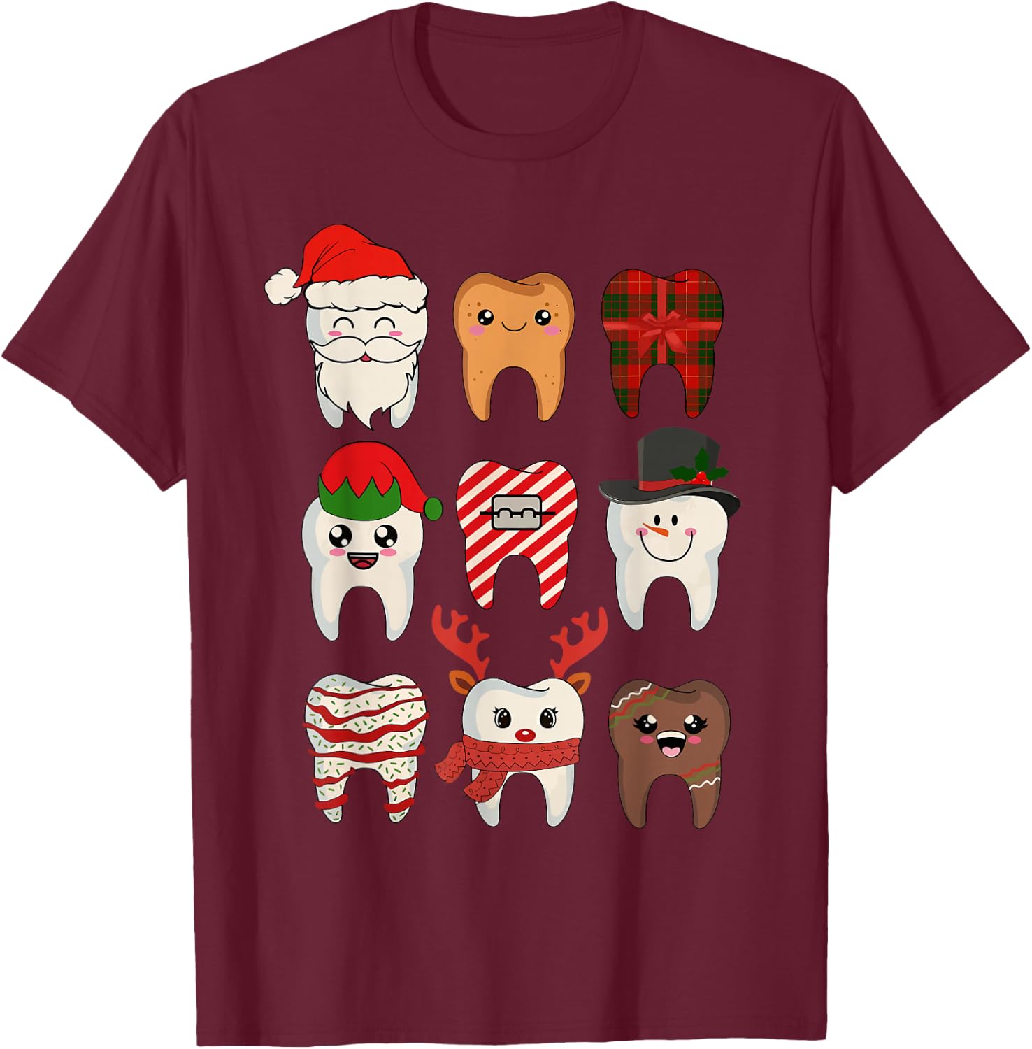Christmas Teeth Dentist Xmas Reindeer Santa Squad Pajamas T-Shirt - T-Shirt | Maroon