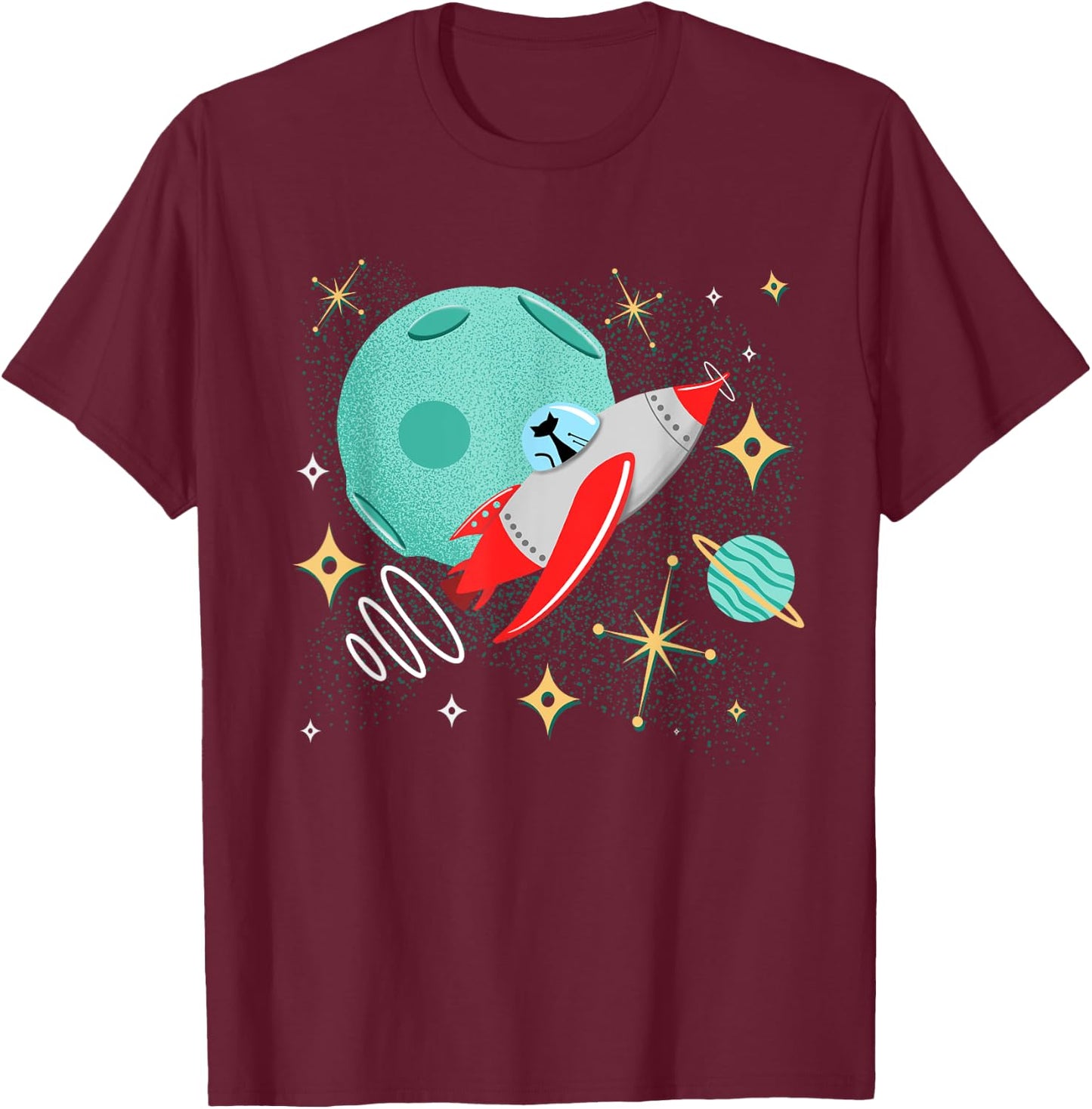 Atomic Rocket Cat Funny Mid-Century Cat Futuristic Spaceship T-Shirt - T-Shirt | Maroon