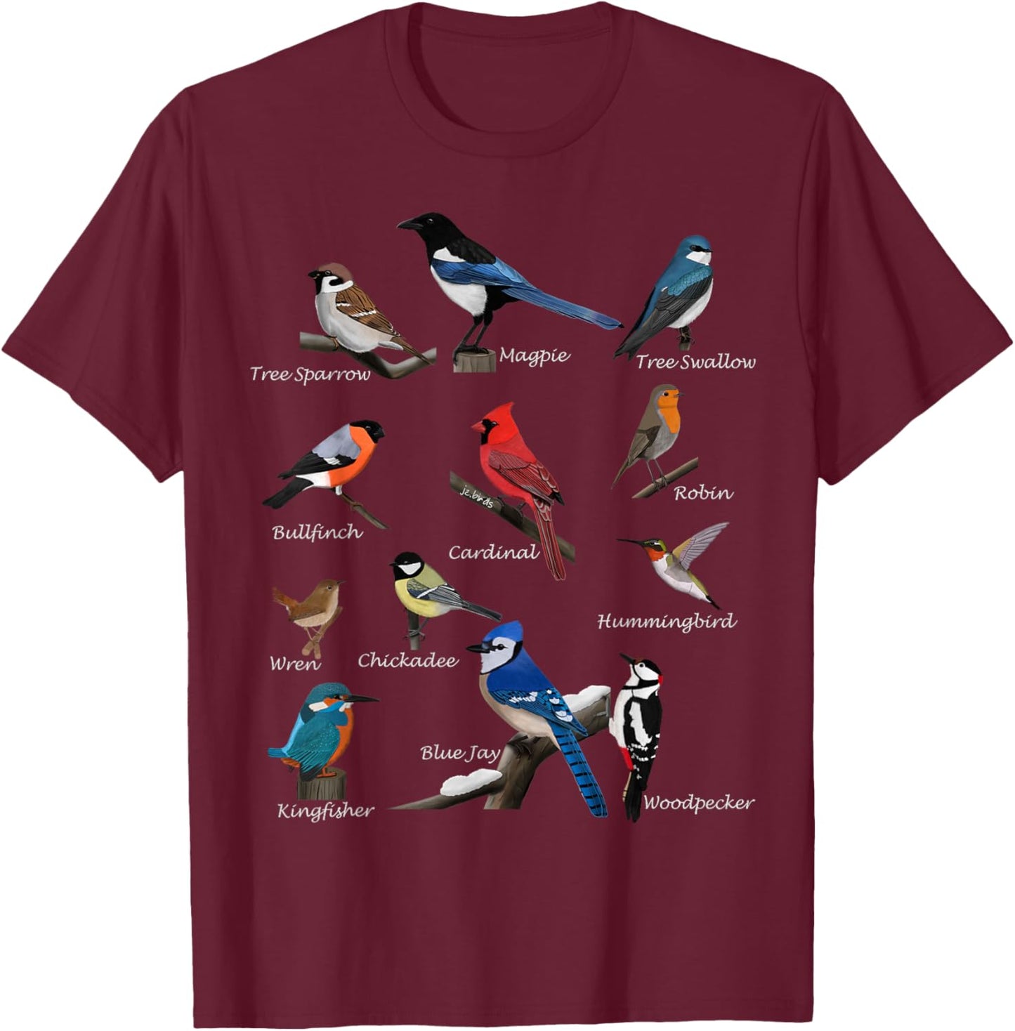 Garden Birds Cardinal Blue Jay Hummingbird Robin Wren Finch T-Shirt - T-Shirt | Maroon
