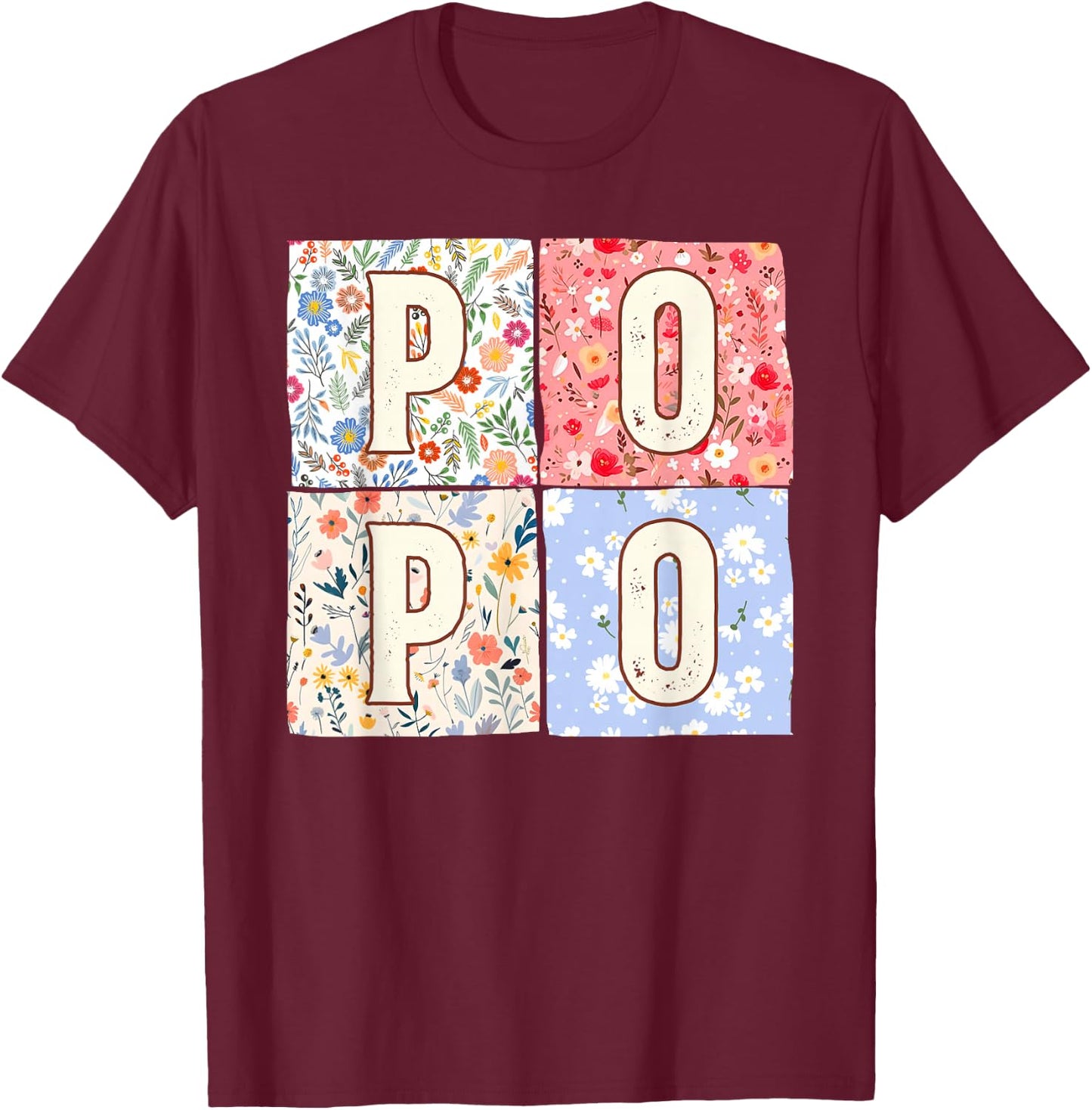 Chinese Grandma Popo Mother's Day Boho Floral Flower T-Shirt - T-Shirt | Maroon