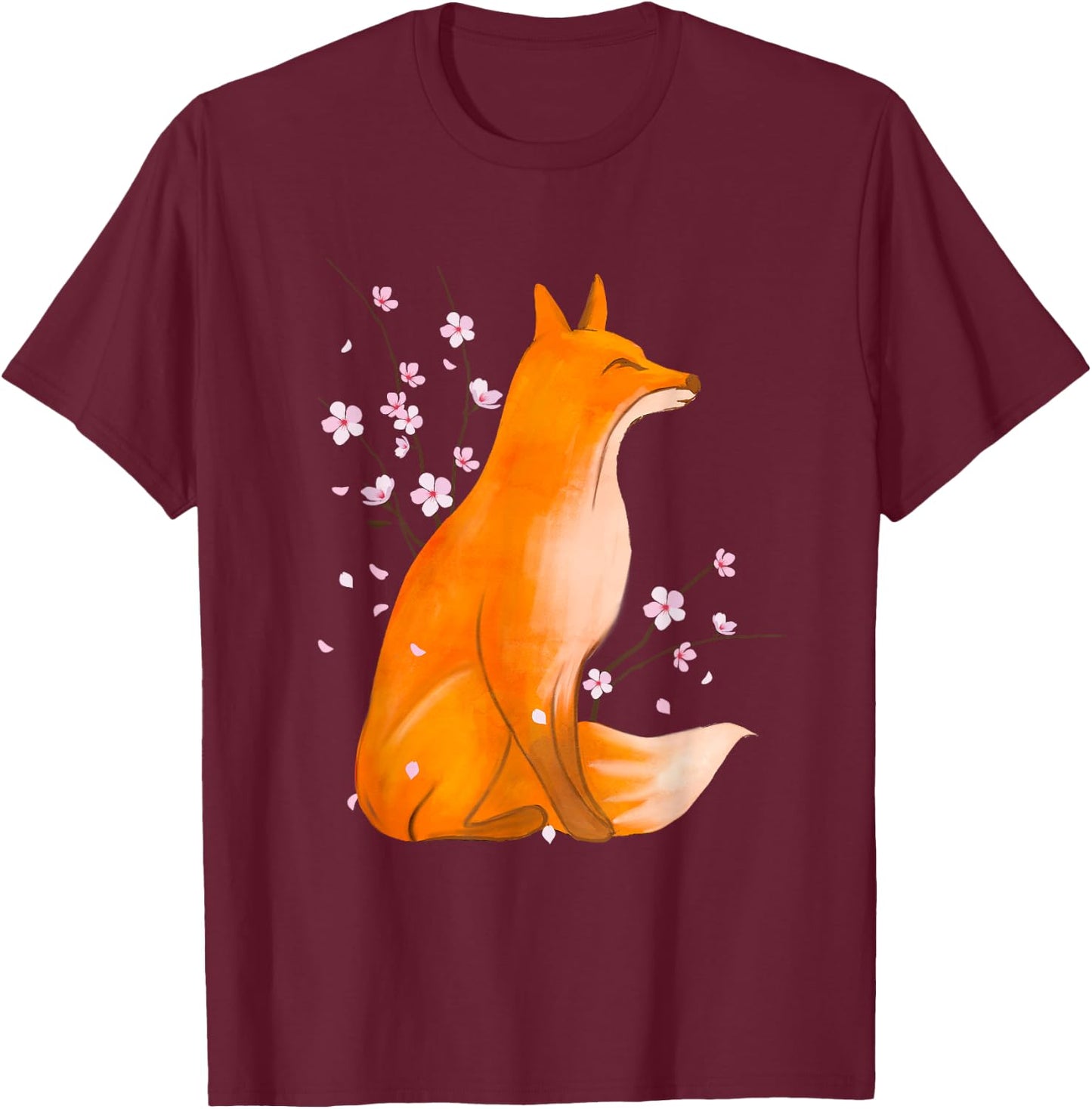 Cherry Blossom Japanese Fox - Zookeeper Animal Lover Camper T-Shirt - T-Shirt | Maroon