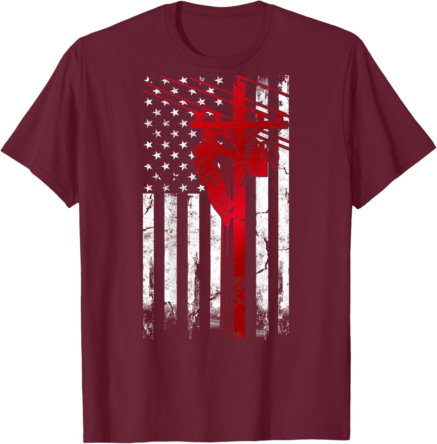 Lineman American Flag Electric Cable Lineman fathers day T-Shirt - T-Shirt | Maroon