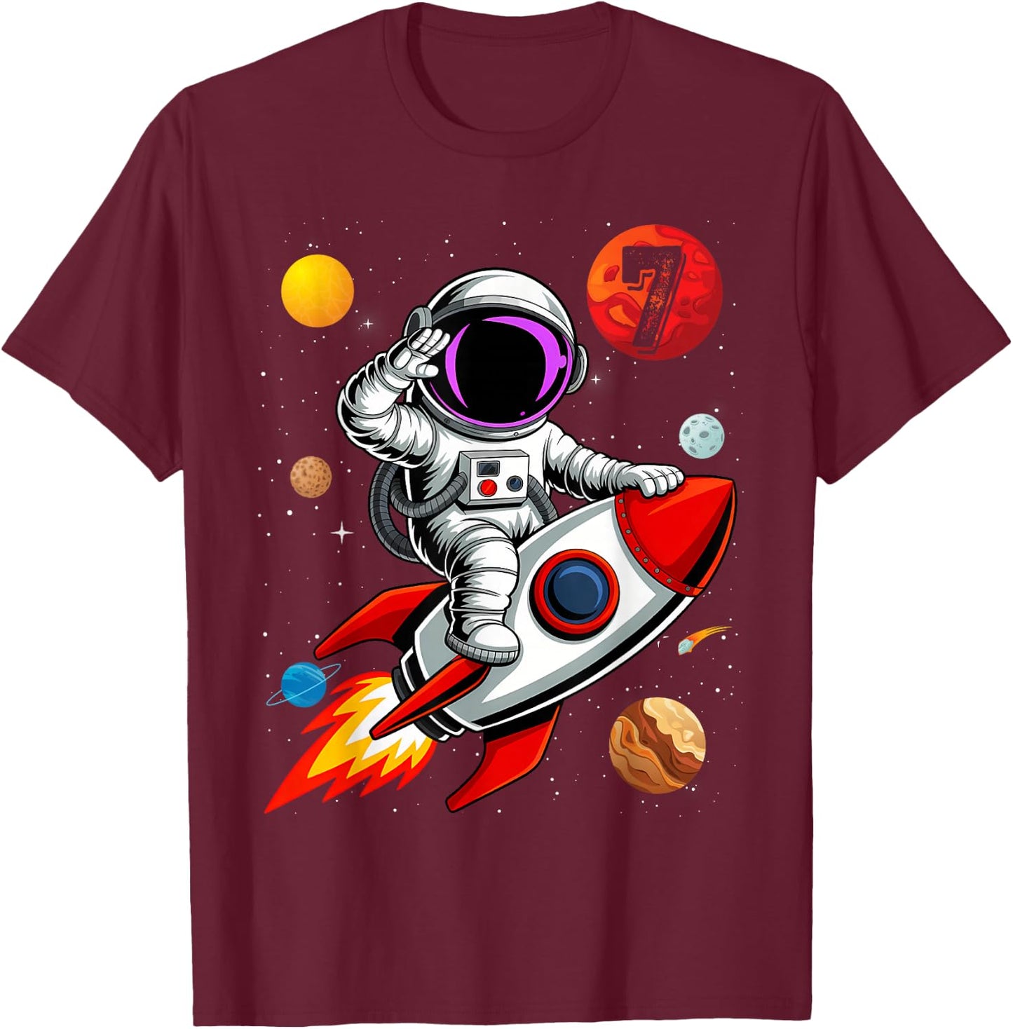 Kids 7 Years Old Birthday Boy Astronaut Space 7th B-Da T-Shirt - T-Shirt | Maroon