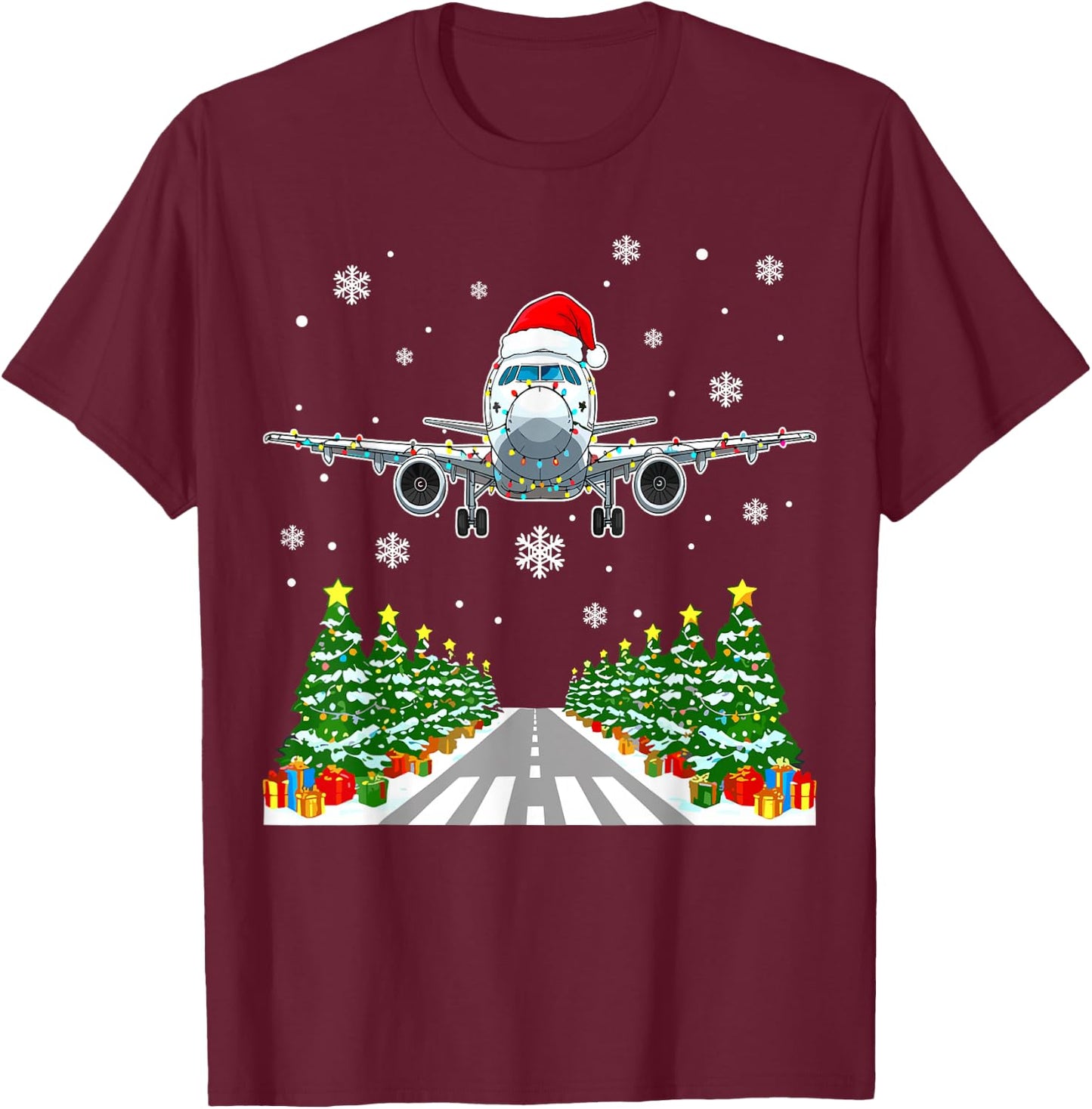 Christmas Airplane Santa Trees Lights Pilot Aviation T-Shirt - T-Shirt | Maroon