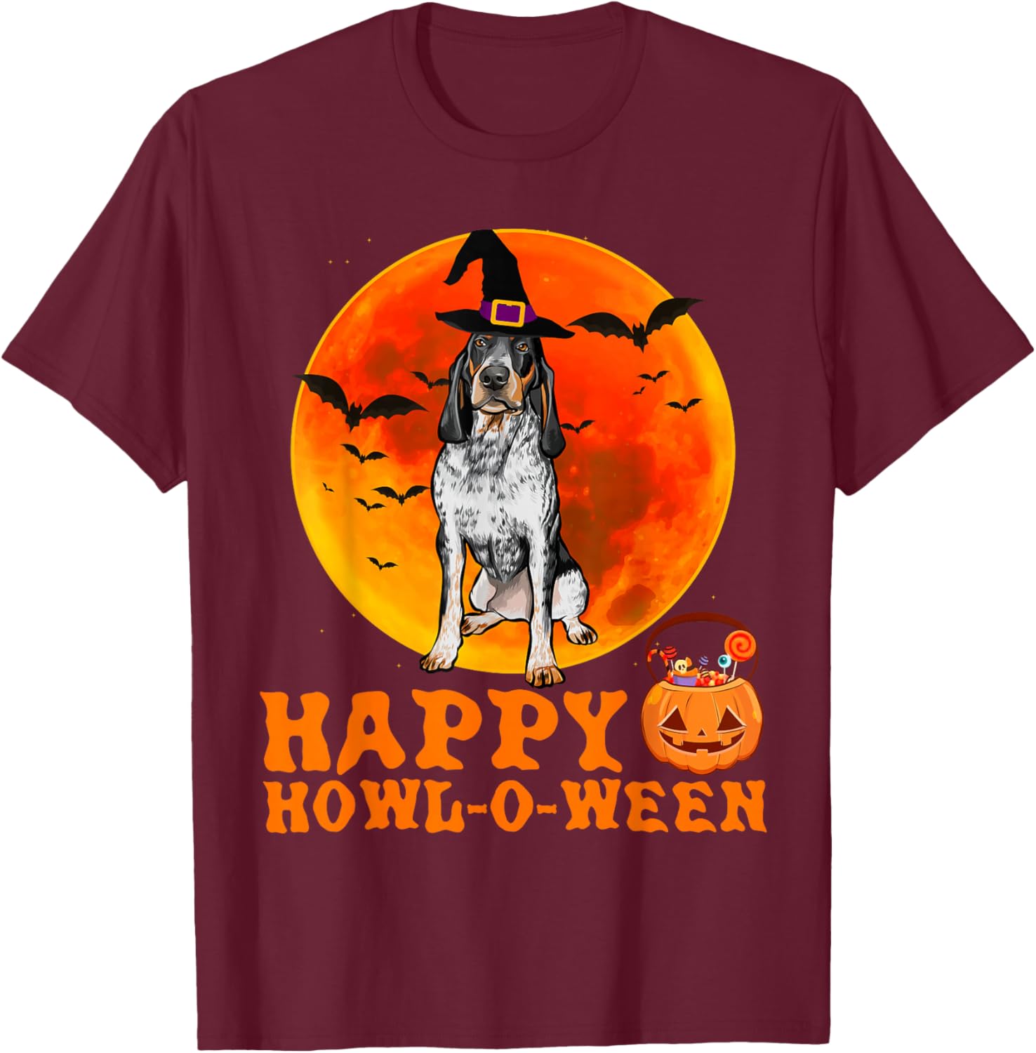 Funny Bluetick Coonhound Dog Halloween Happy Howl-o-ween Men Women T-Shirt - T-Shirt | Maroon