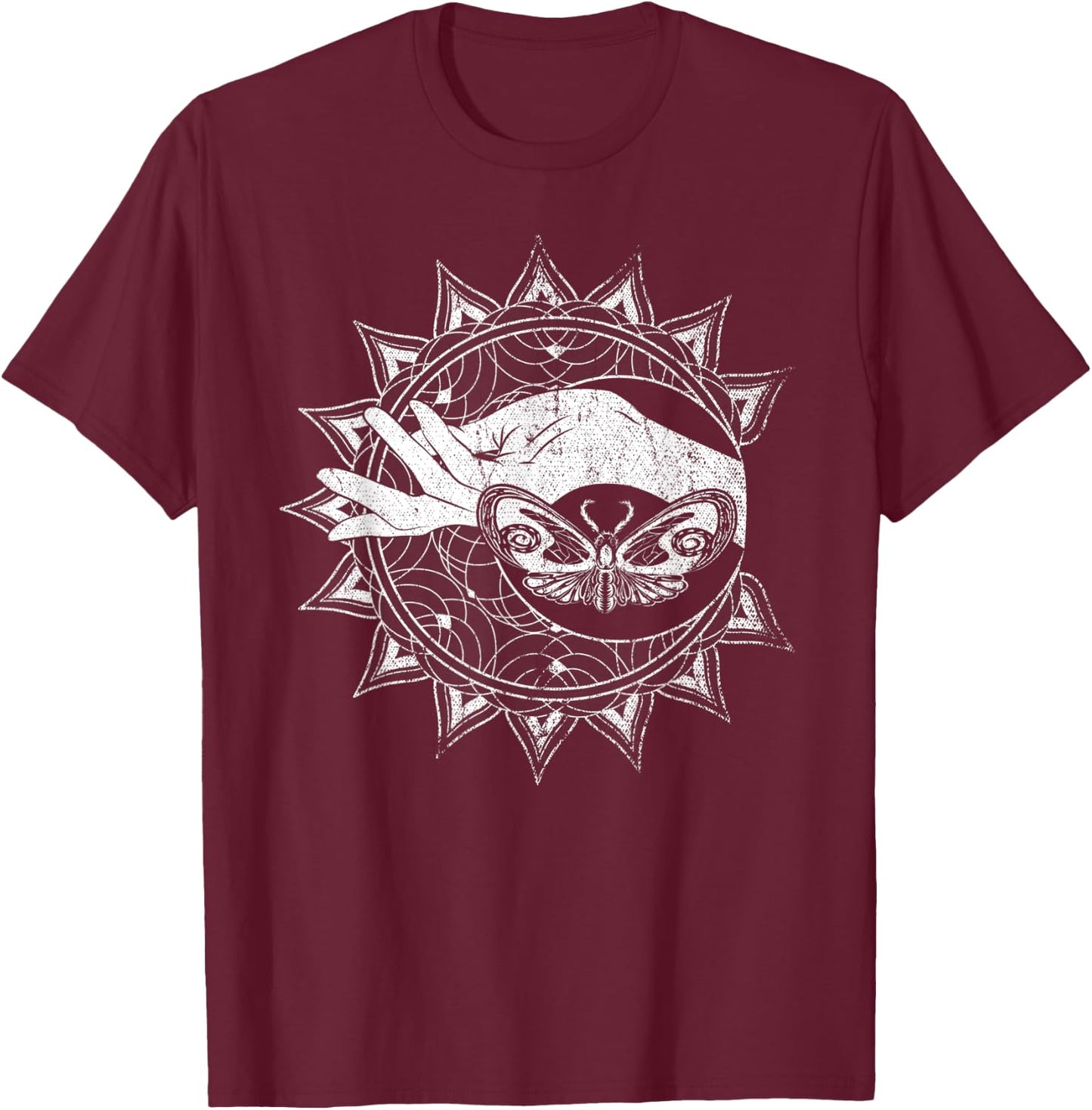 Butterfly Hamsa Hand Celestial Body Stargazer Crescent Moon T-Shirt - T-Shirt | Maroon
