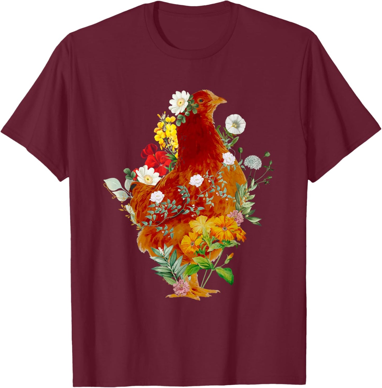 Cute Chicken Vintage Floral Botanical Flower Garden Tea T-Shirt - T-Shirt | Maroon
