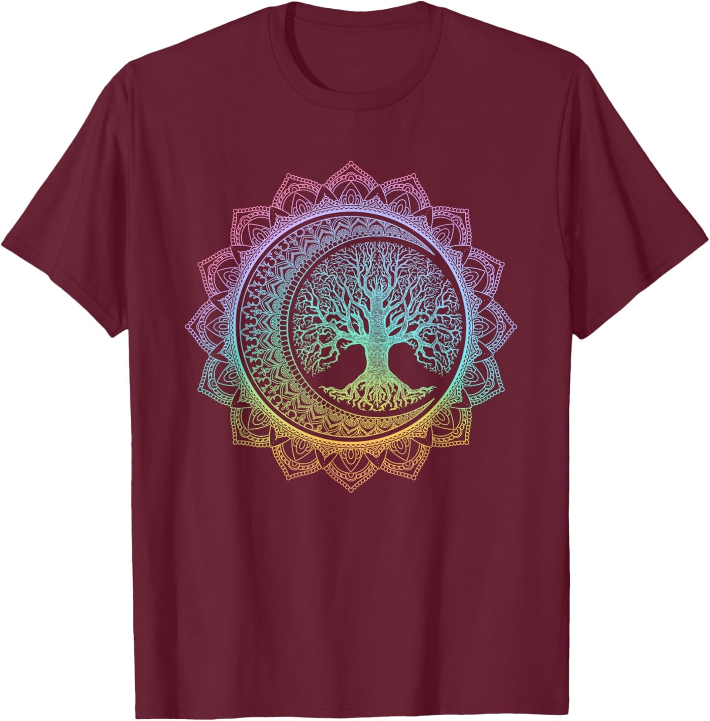Tree of Life Cresent Moon Phases Floral Mandala Yoga Gift T-Shirt - T-Shirt | Maroon