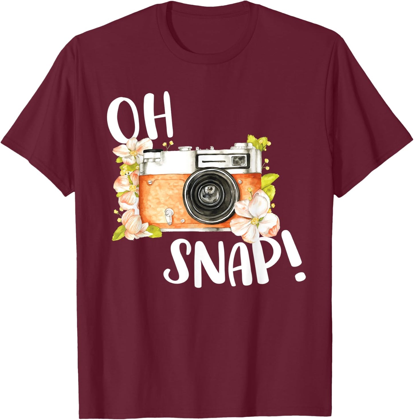 Oh Snap Funny Retro Camera Lover Floral Vintage Photography T-Shirt - T-Shirt | Maroon
