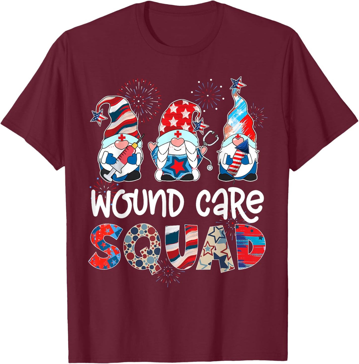 Wound Care Squad Gnomes 4th Of July Pride Nurse Stethoscope T-Shirt - T-Shirt | Maroon