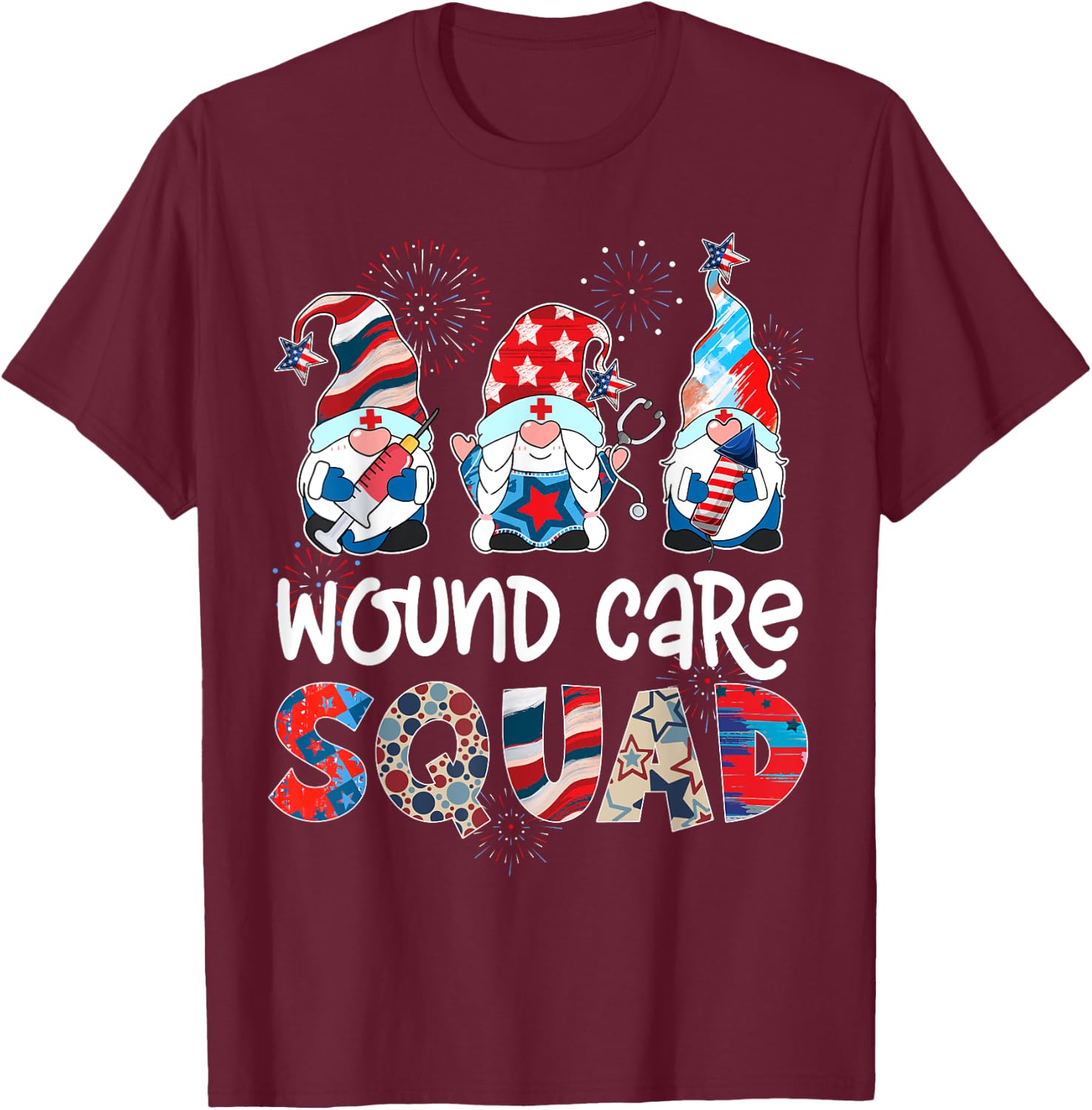 Wound Care Squad Gnomes 4th Of July Pride Nurse Stethoscope T-Shirt - T-Shirt | Maroon