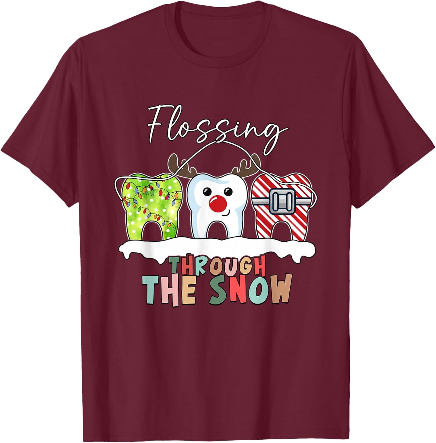 Flossing Through The Snow Dental Hygienist Christmas Dentist T-Shirt - T-Shirt | Maroon