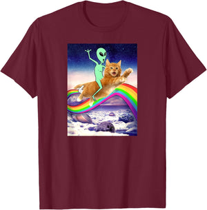Alien Riding Cat Over Rainbow Men Women Kids T-Shirt - T-Shirt | Maroon