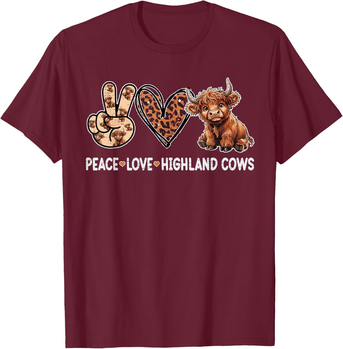 Peace Love Highland Cows Funny Beef Farmer Farm Cow Lover T-Shirt - T-Shirt | Maroon