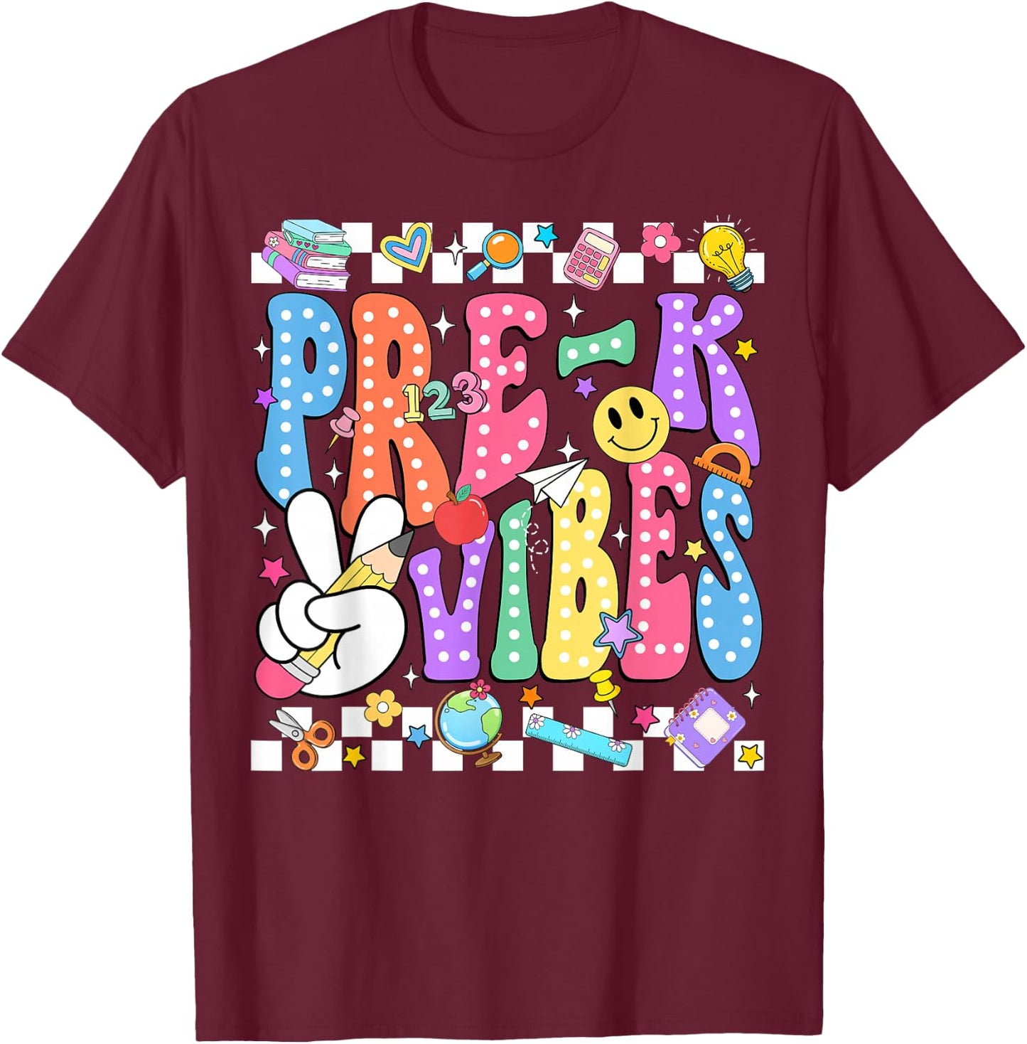 Groovy Pre-K Vibes Back to School Preschool Teacher Kids T-Shirt - T-Shirt | Maroon