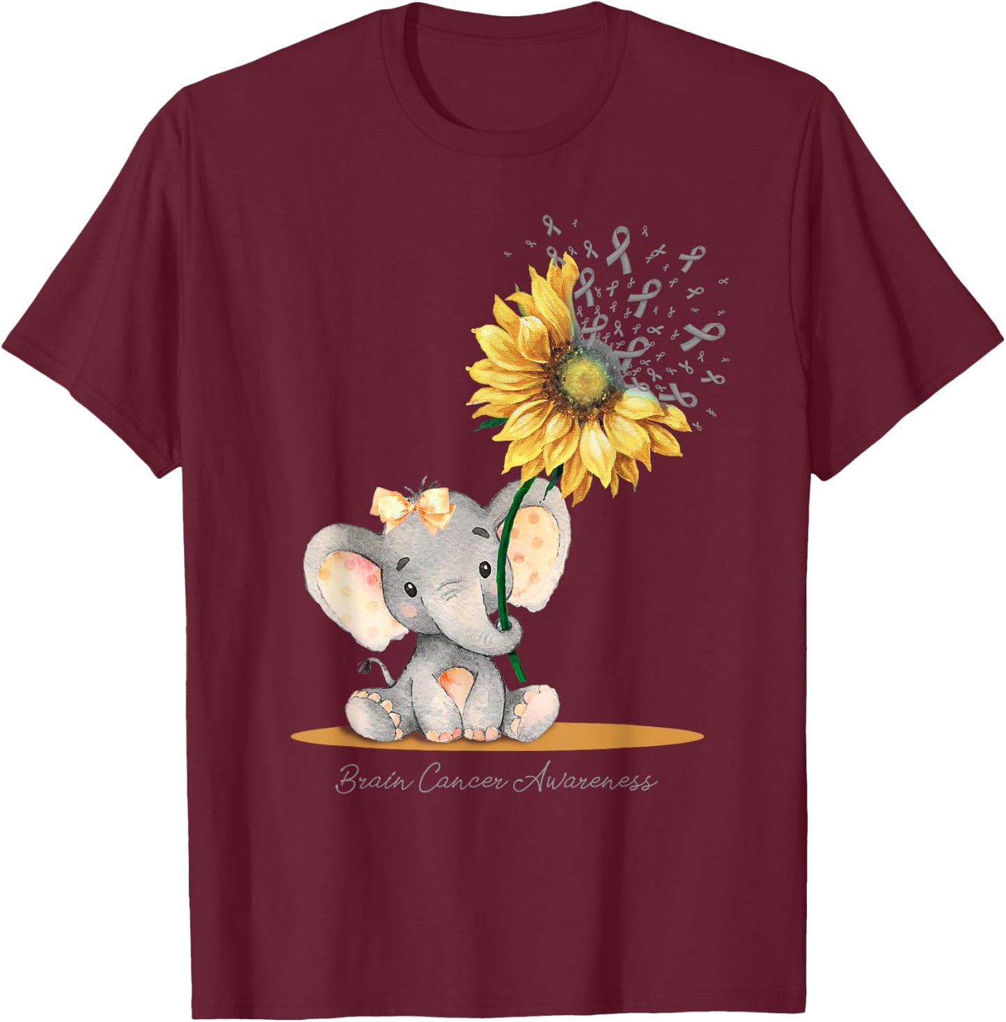 BRAIN CANCER AWARENESS Cute Elephant Sunflower Gray Ribbon T-Shirt - T-Shirt | Maroon