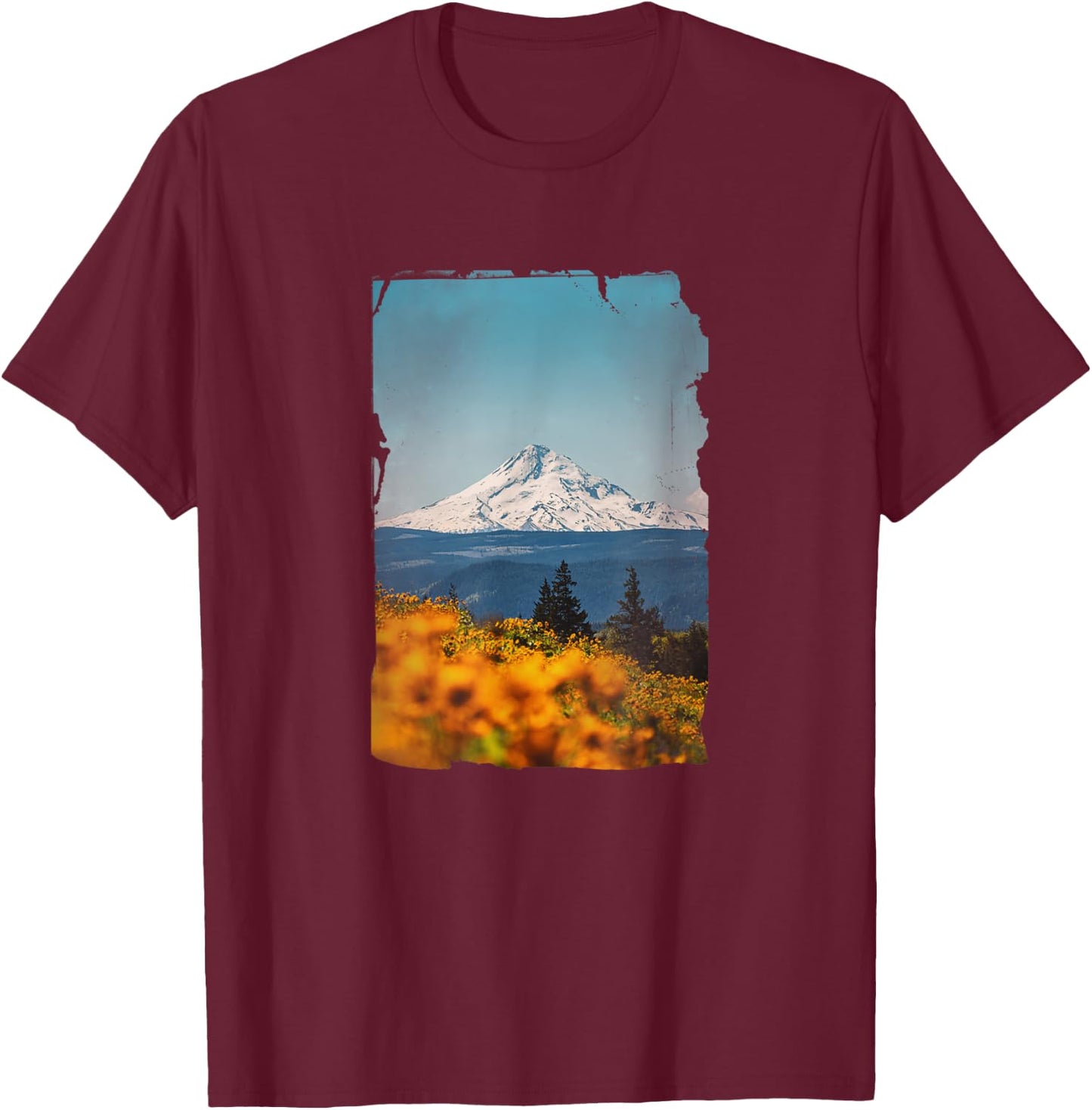 Mt Hood from Columbia River Gorge with Sunflowers Mount Hood T-Shirt - T-Shirt | Maroon