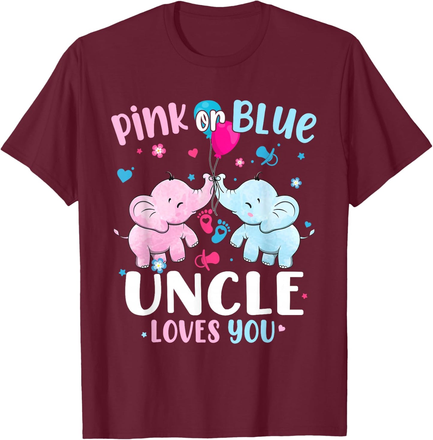 Pink or Blue Uncle Loves You Gender Reveal Elephant T-Shirt - T-Shirt | Maroon