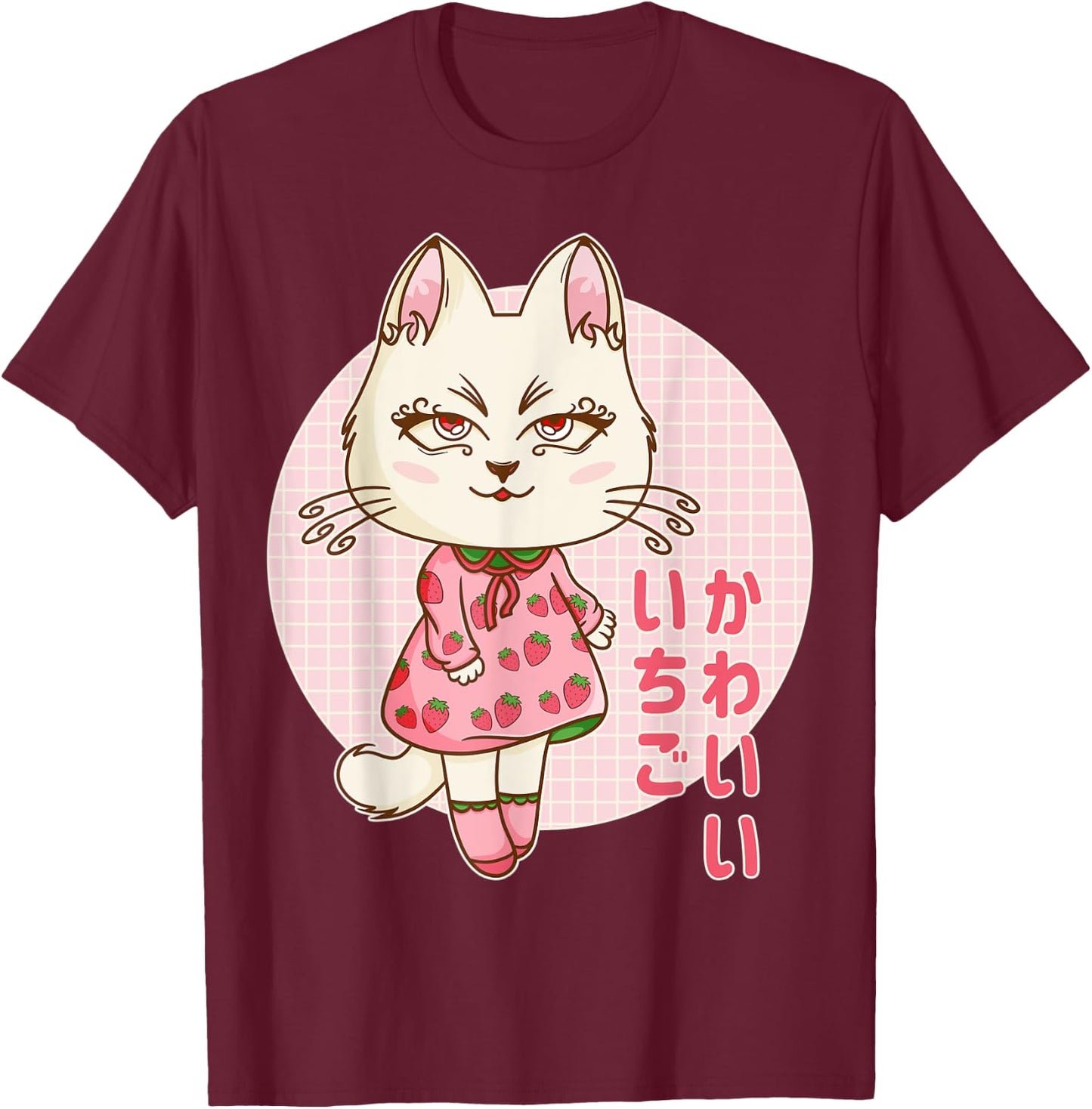 Retro 90s Japanese Kawaii Strawberry Pink Pastel Chibi Cat Men Women Kids T-Shirt - T-Shirt | Maroon