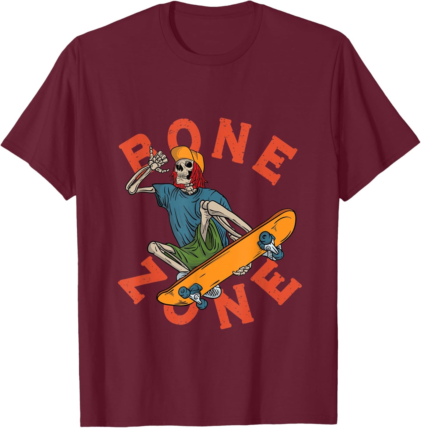 Funny Urban Skeleton Bone Zone Skateboarder Grunge Tricks T-Shirt - T-Shirt | Maroon