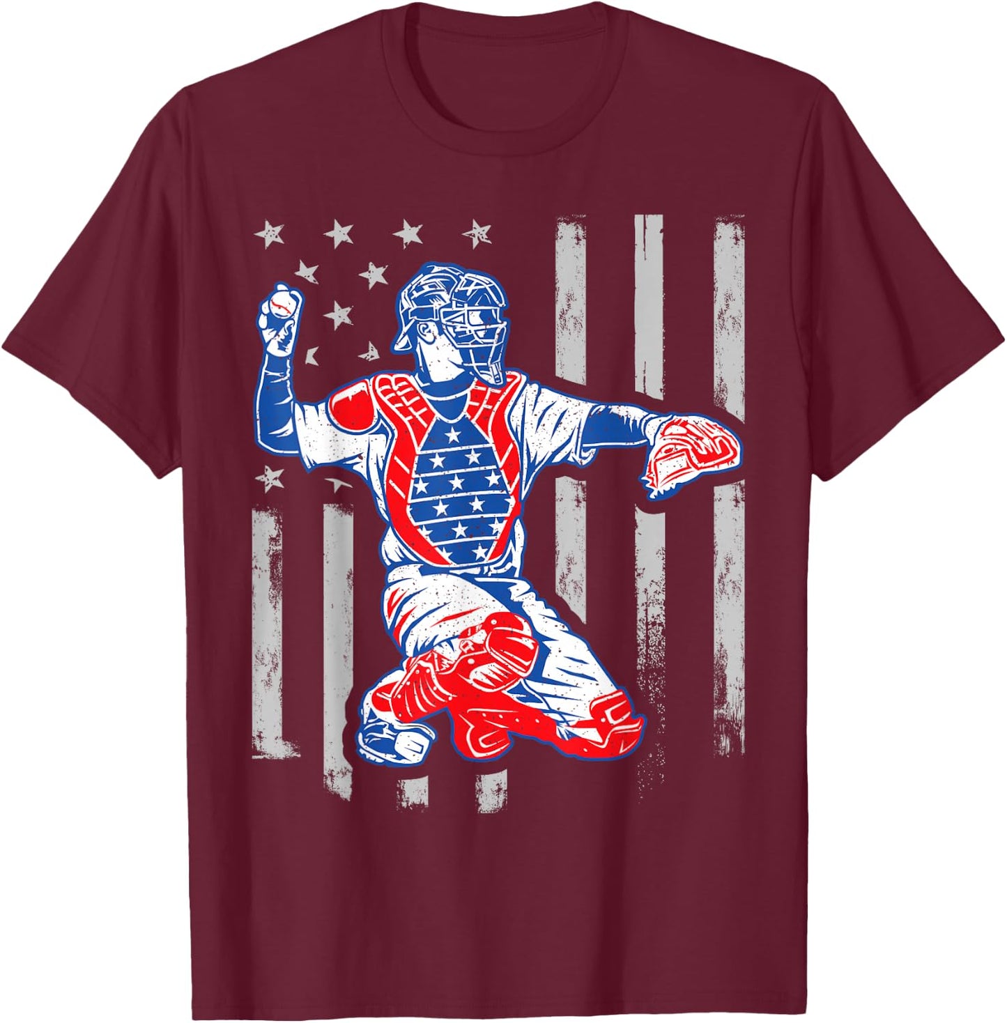 American Baseball Catcher USA Vintage Flag 4th of July Boys T-Shirt - T-Shirt | Maroon