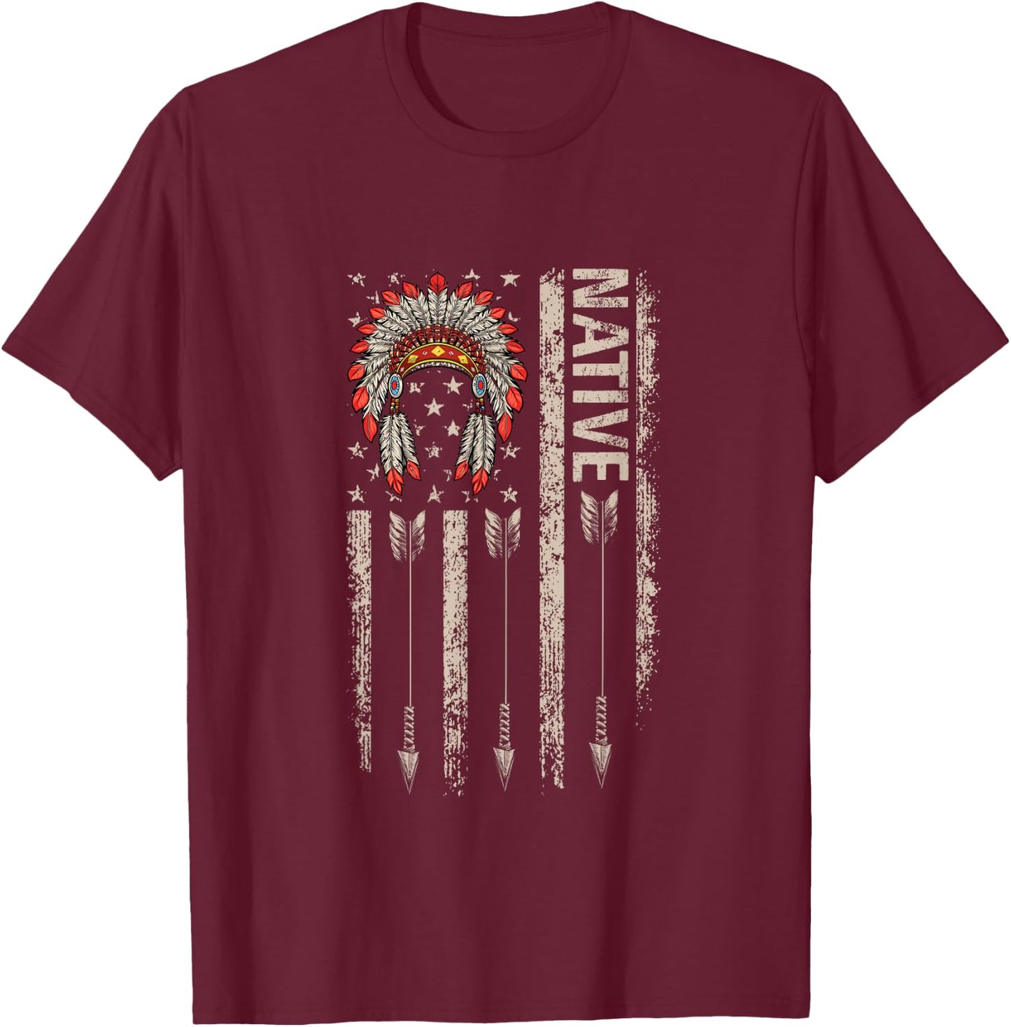 Cool Native American Feather Arrow Flag Headdress Indigenous T-Shirt - T-Shirt | Maroon