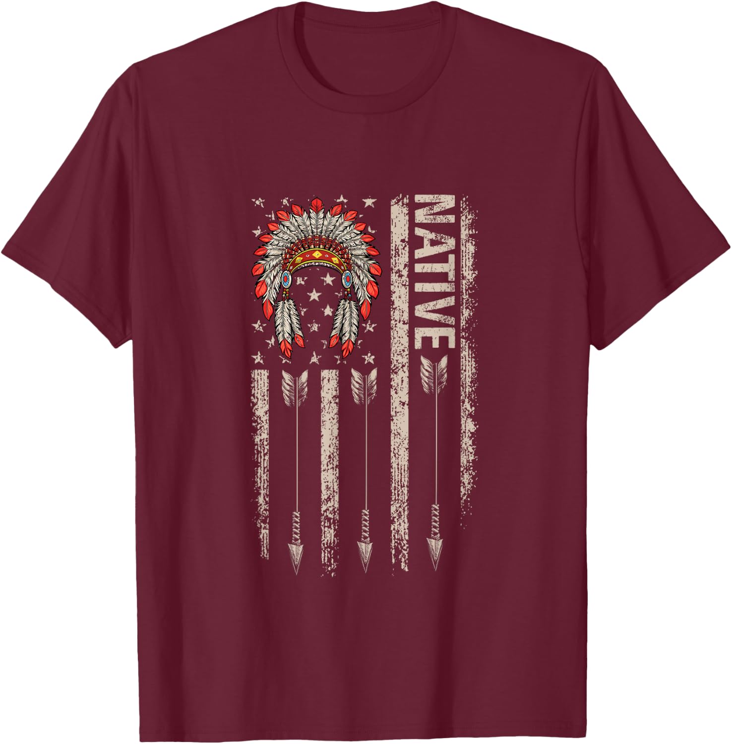 Cool Native American Feather Arrow Flag Headdress Indigenous T-Shirt - T-Shirt | Maroon
