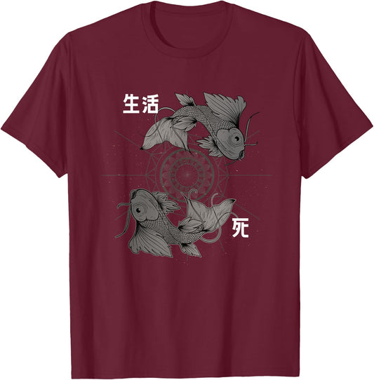 Koi Carp Fish Design Funny Japanese Koi Carp Fish Graphic , -Adults and Kids, Black, Small, Short Sleeve, Party, Fun, Exercise and Fitness, All Seasons T-Shirt - T-Shirt | Maroon