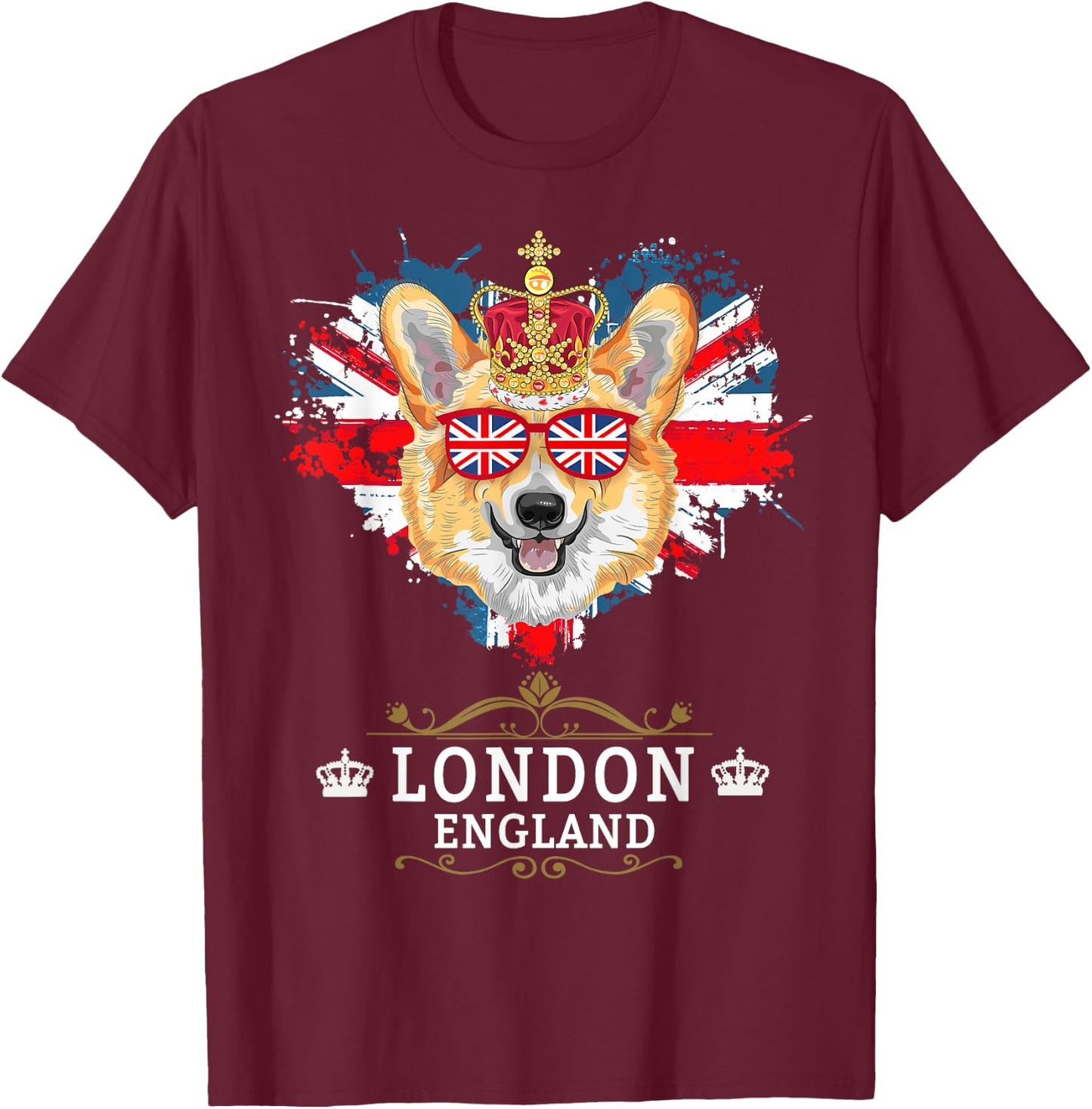 London Idea For Kids With Union Jack UK Flag & Corgi T-Shirt - T-Shirt | Maroon