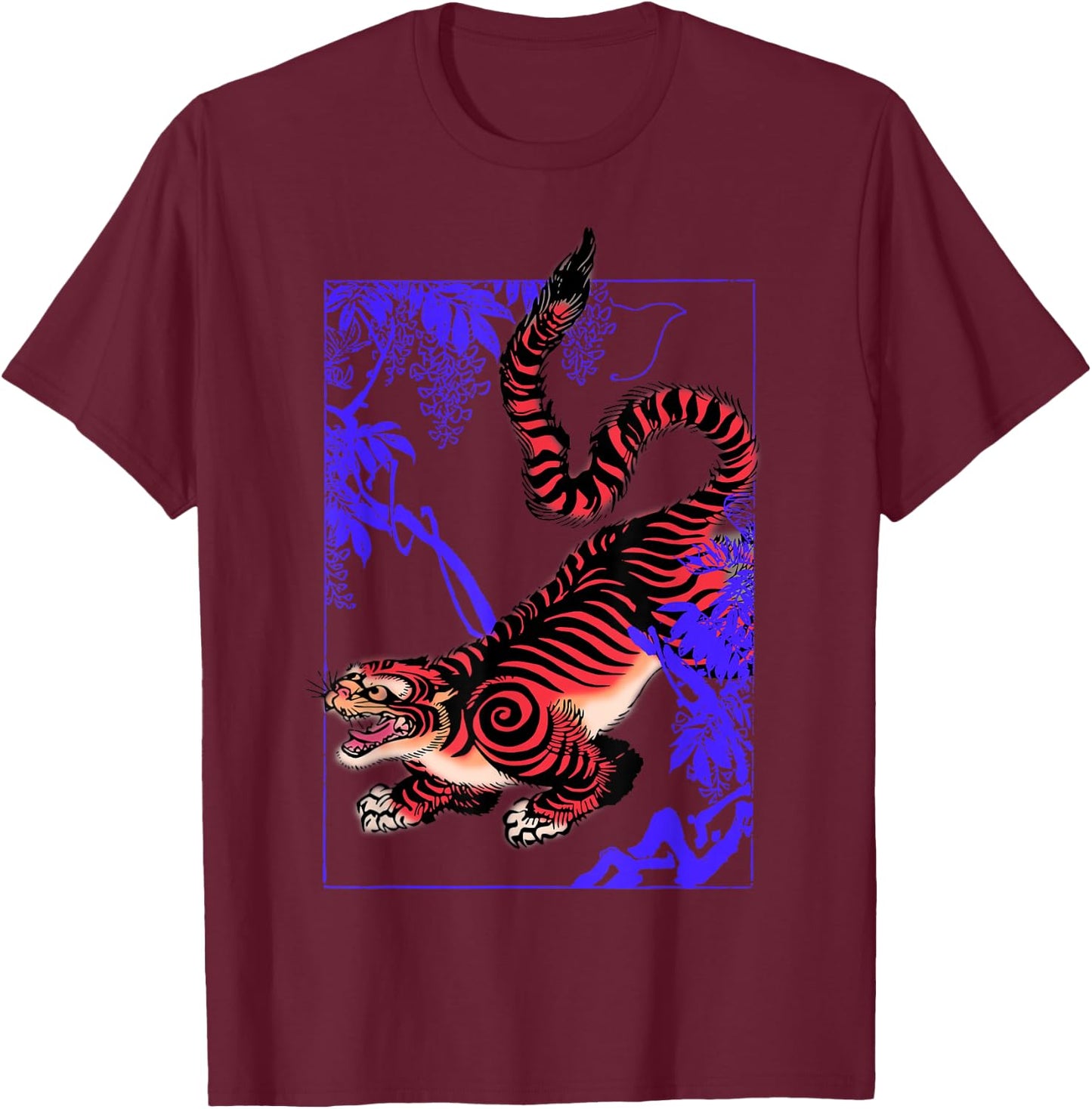 Japanese Aesthetic Tiger Wild Cat Japanese Kanji T-Shirt - T-Shirt | Maroon