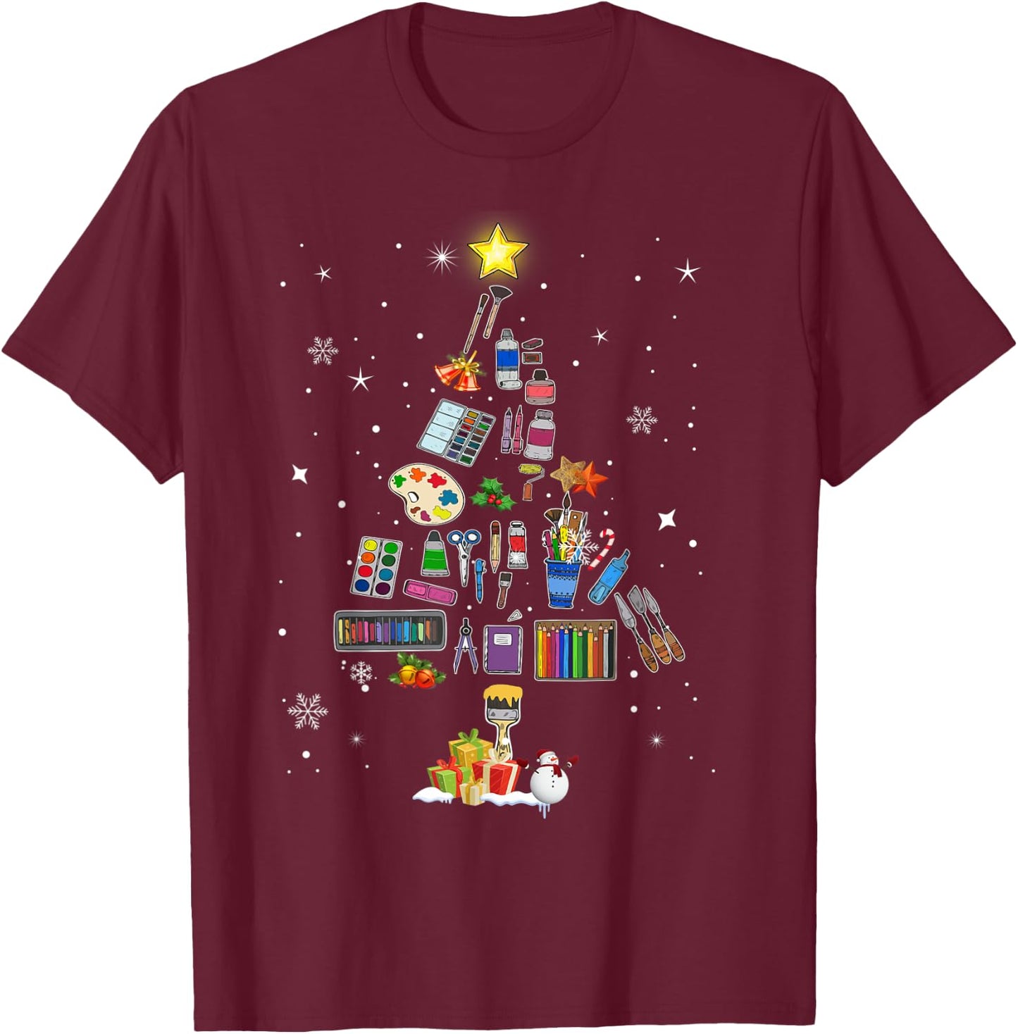 Art Lovers Christmas Tree Outfits Art Teacher Ugly Artist Xmas Pajama T-Shirt - T-Shirt | Maroon