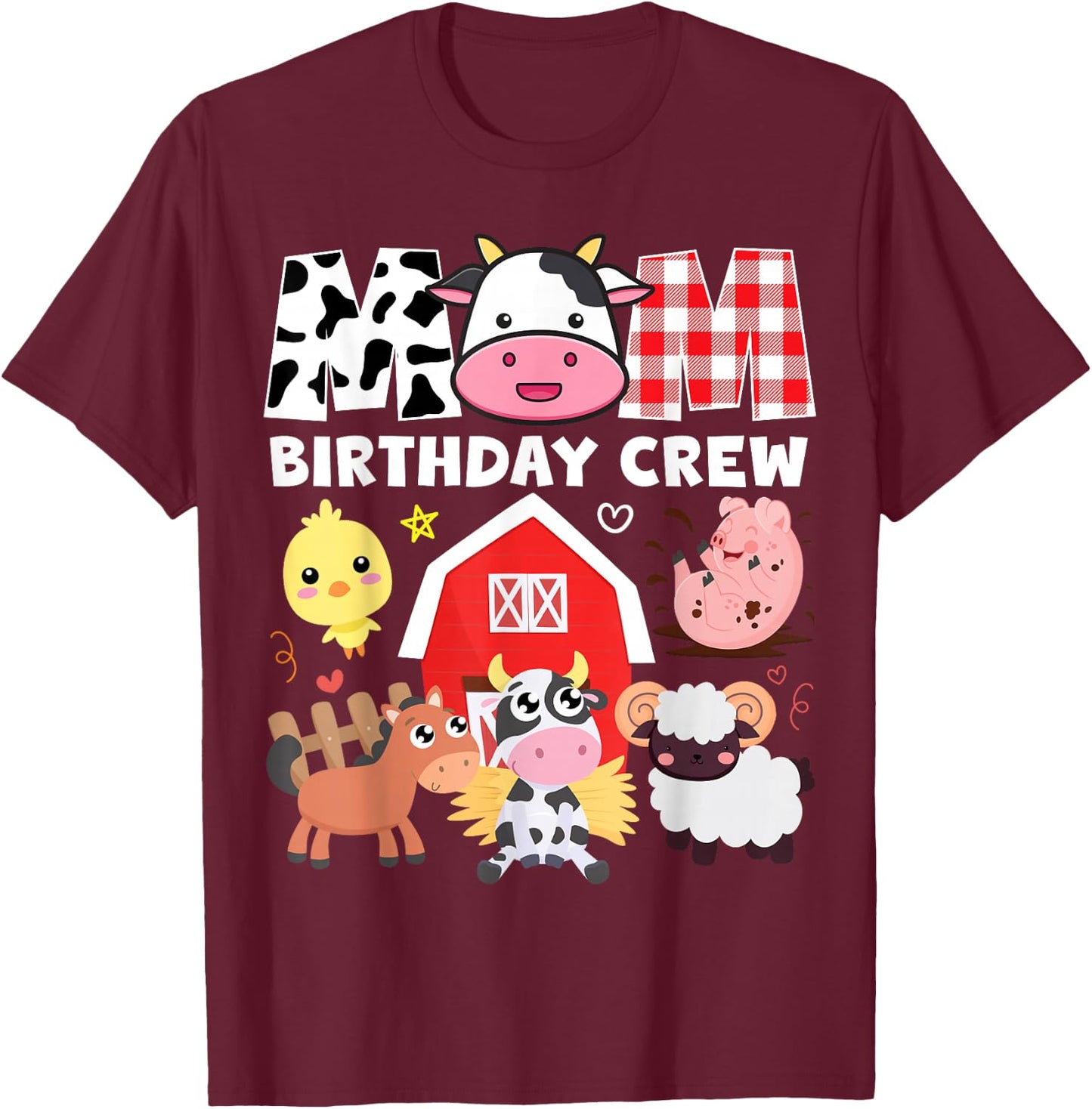 Cow Mom Birthday Crew Farm Theme Animals Kids Birthday Party T-Shirt - T-Shirt | Maroon