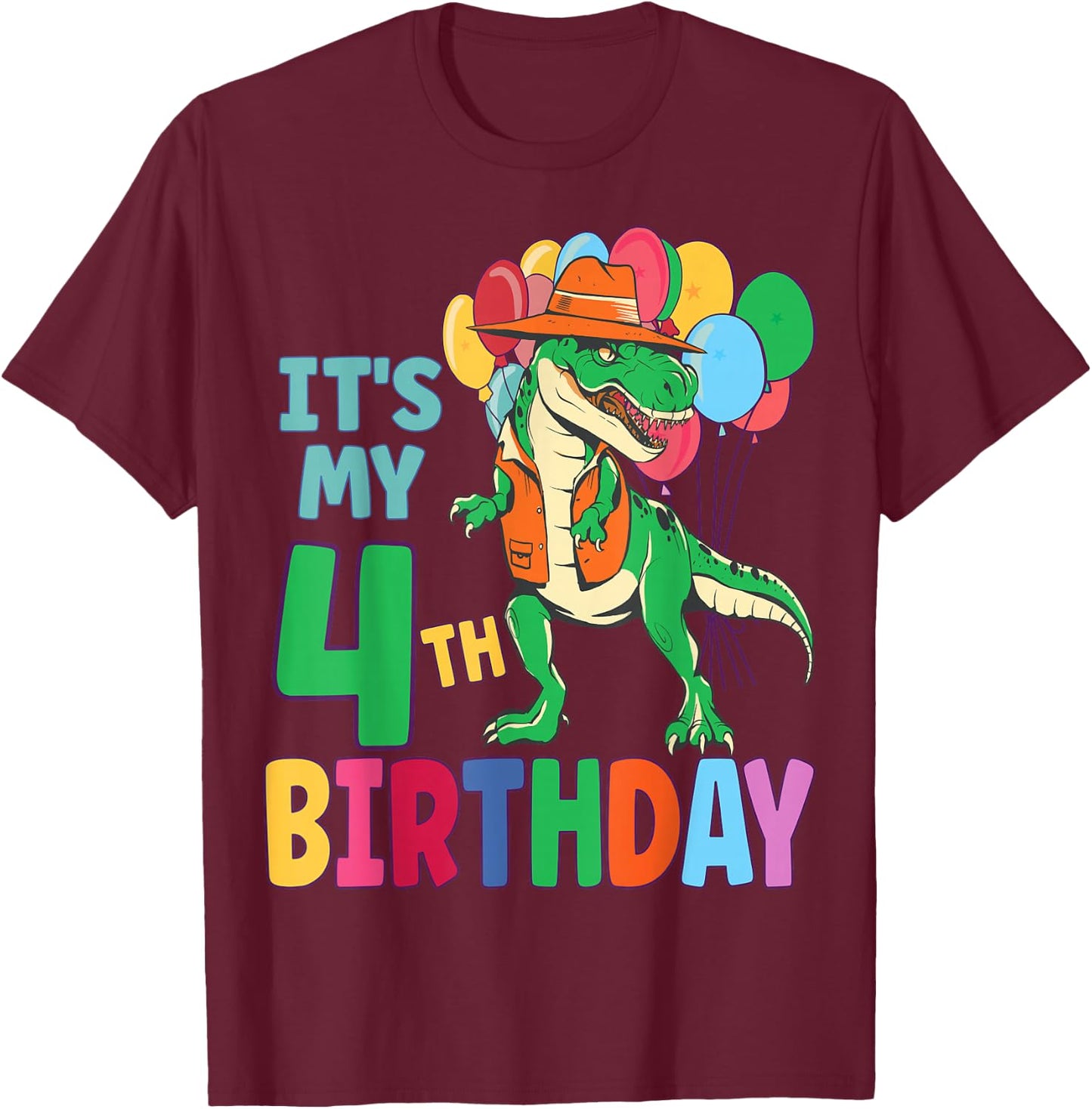 It's My 4th Birthday Dinosaur Boys Girls Kids Birthday T-Shirt - T-Shirt | Maroon