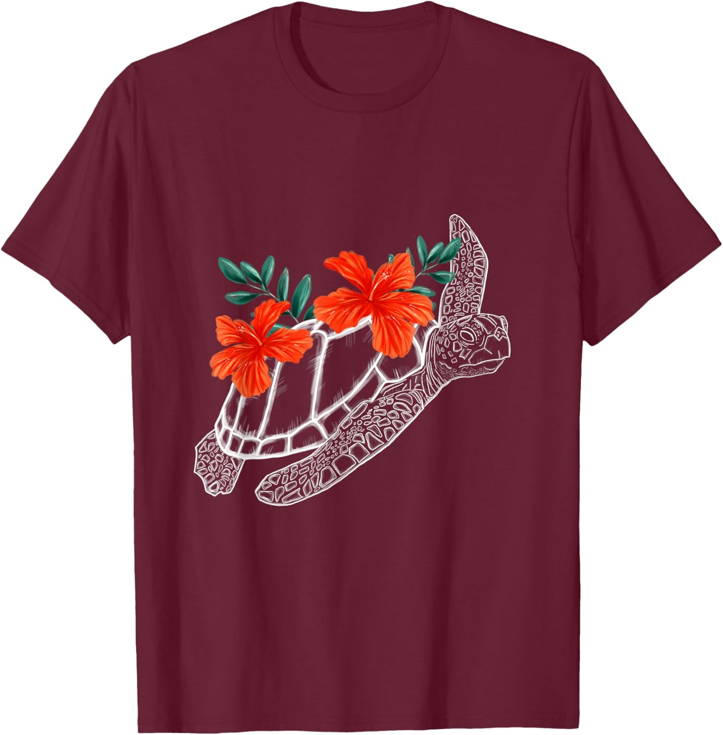 Tropical Sea Turtle Hibiscus Flowers T-Shirt - T-Shirt | Maroon