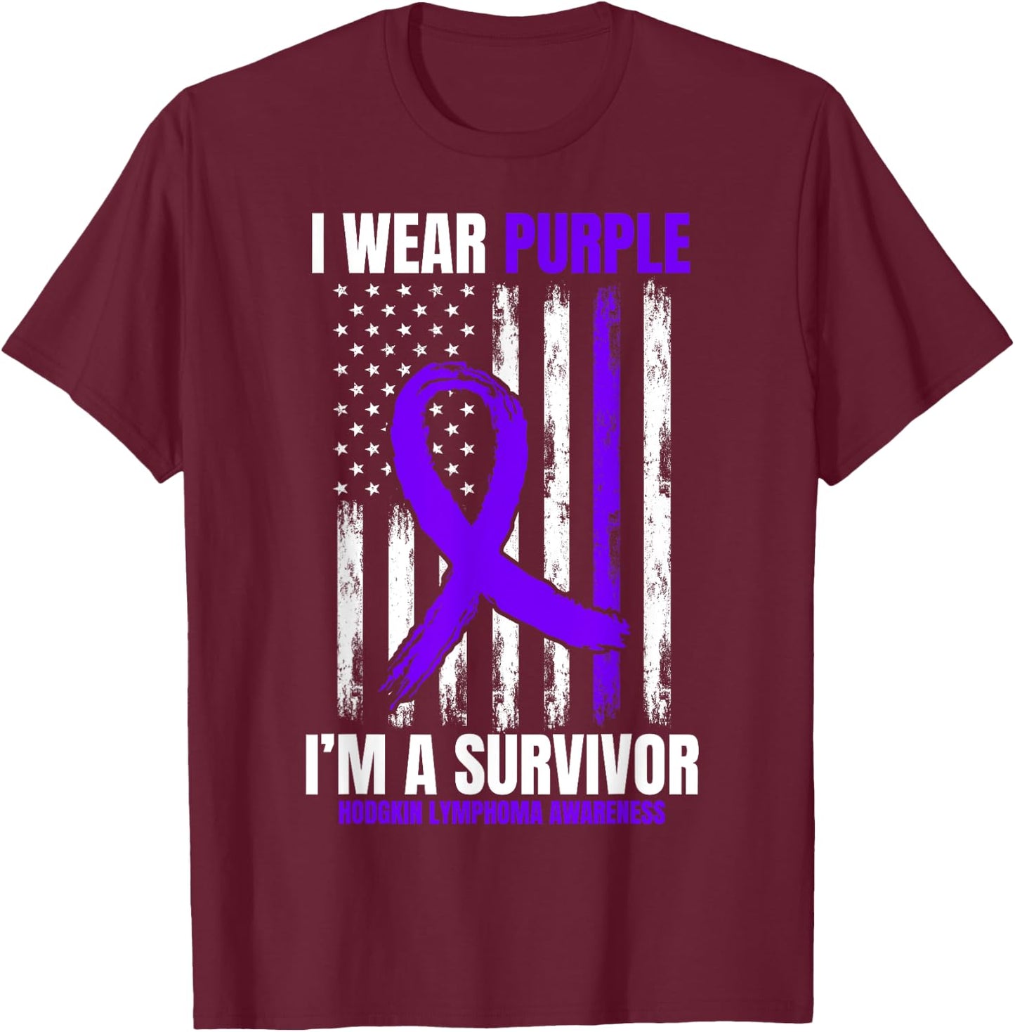 I Wear Purple Hodgkins Lymphoma Survivor Gifts American Flag Kids Men T-Shirt - T-Shirt | Maroon