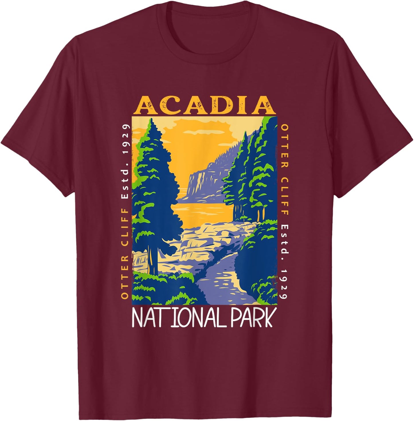 Acadia National Park Otter Cliff Maine Vintage Distressed T-Shirt - T-Shirt | Maroon